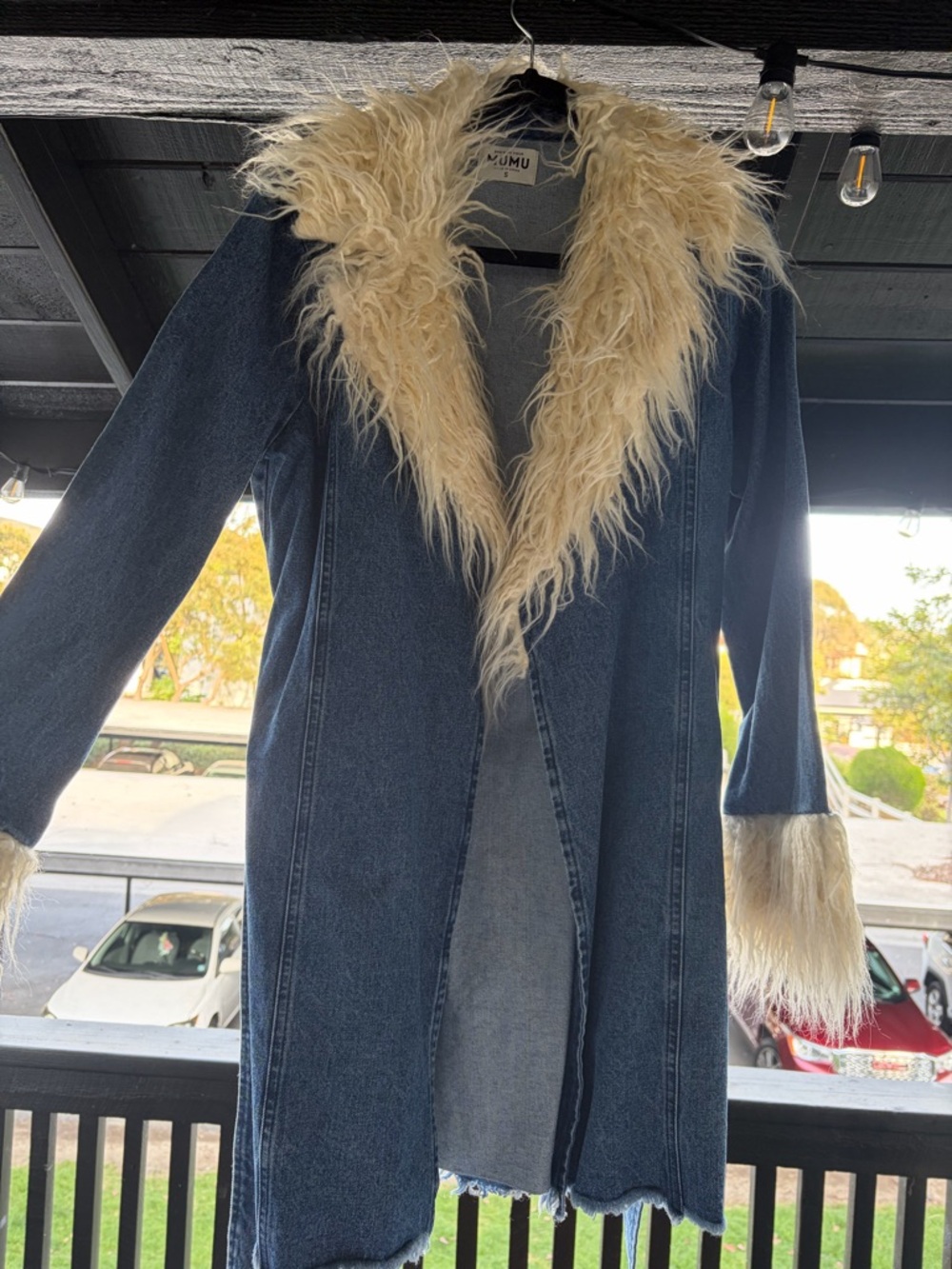 Show Me Your MuMu Denim Long Coat with Cream Faux Fur Trim